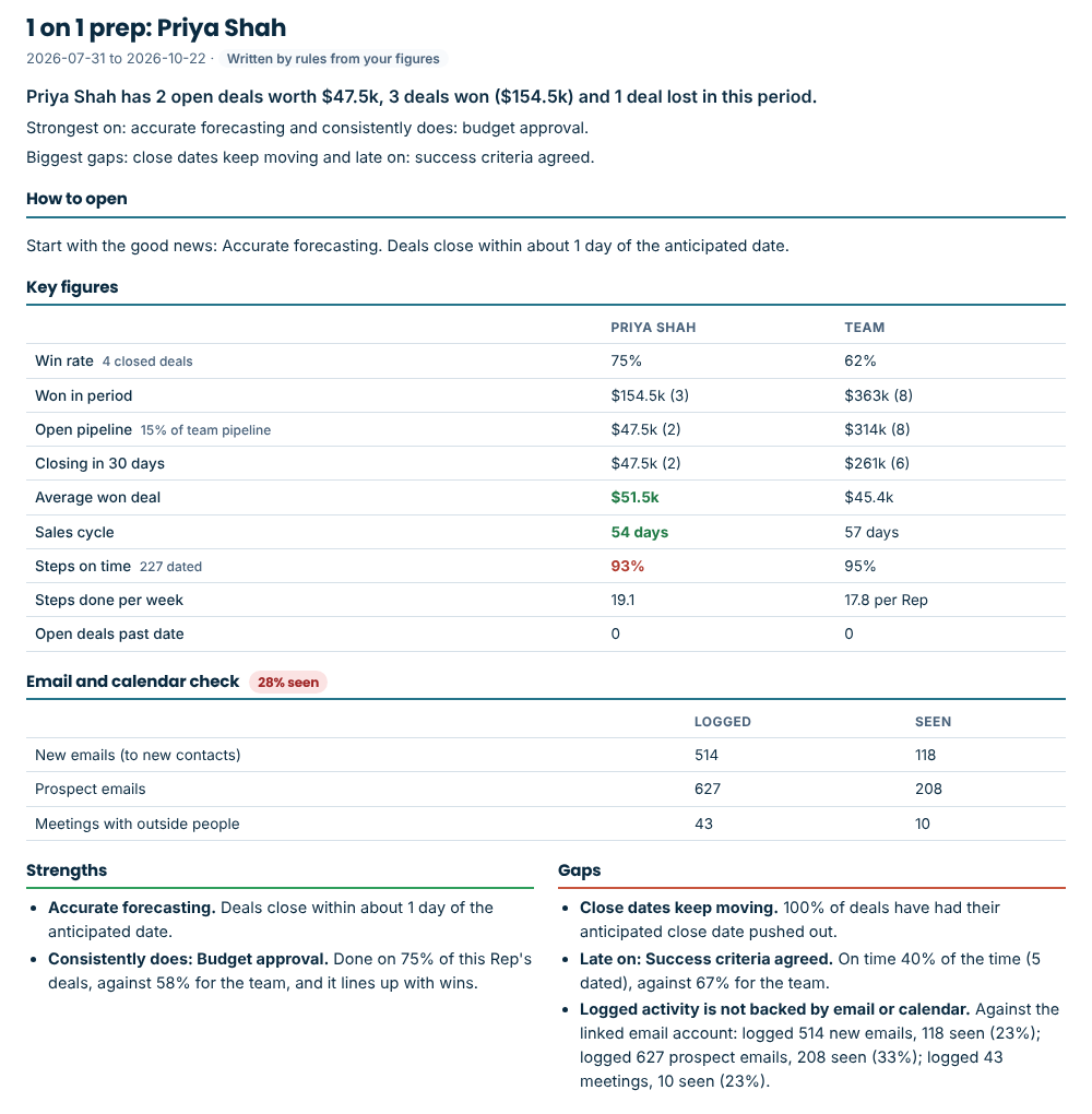 A 1 on 1 prep document for a Rep, with key figures against the team, strengths and gaps.