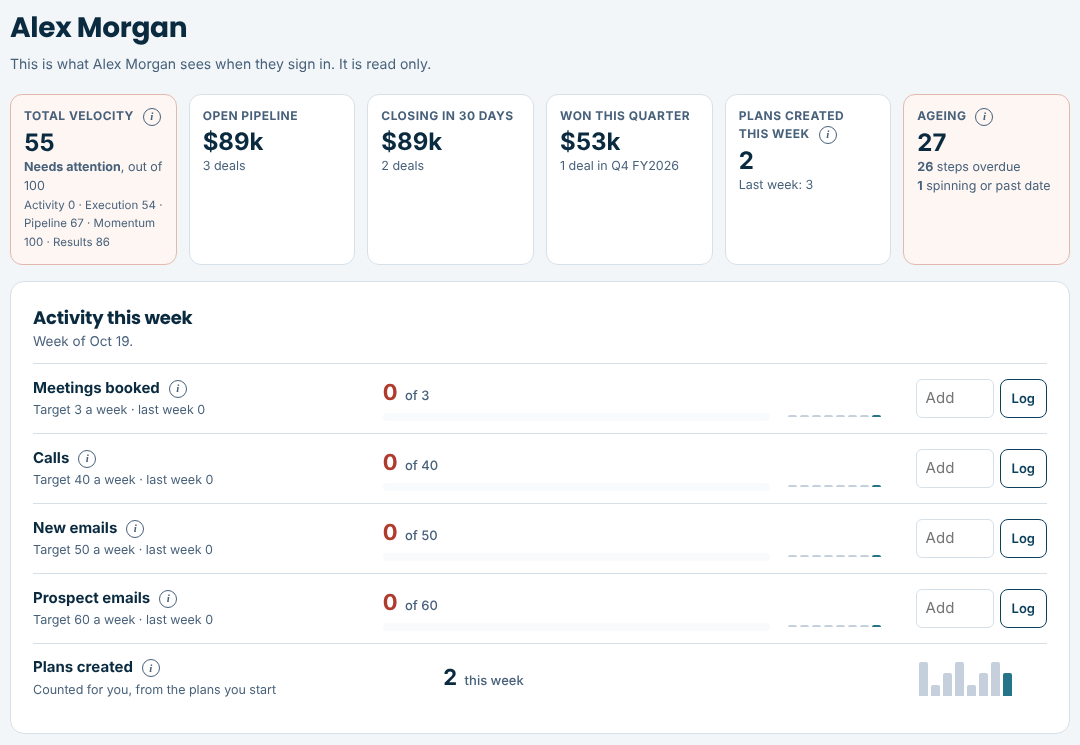 A Rep dashboard with velocity, open pipeline, deals closing soon and activity this week against targets.